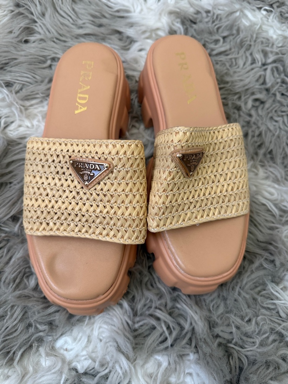 Tan Leather & Beige Raffia Slide Mules